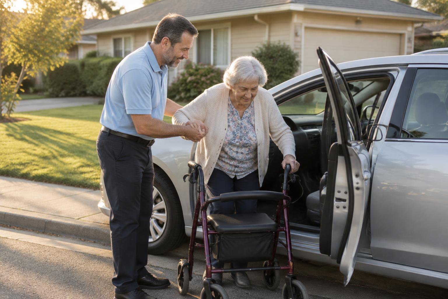 A care driver helping an older woman with a rollator into the car