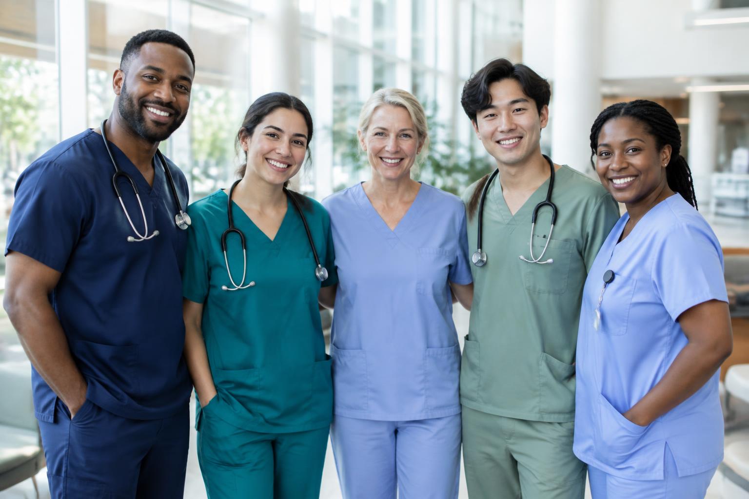 A team of Gilgalcare caregivers in scrubs standing together