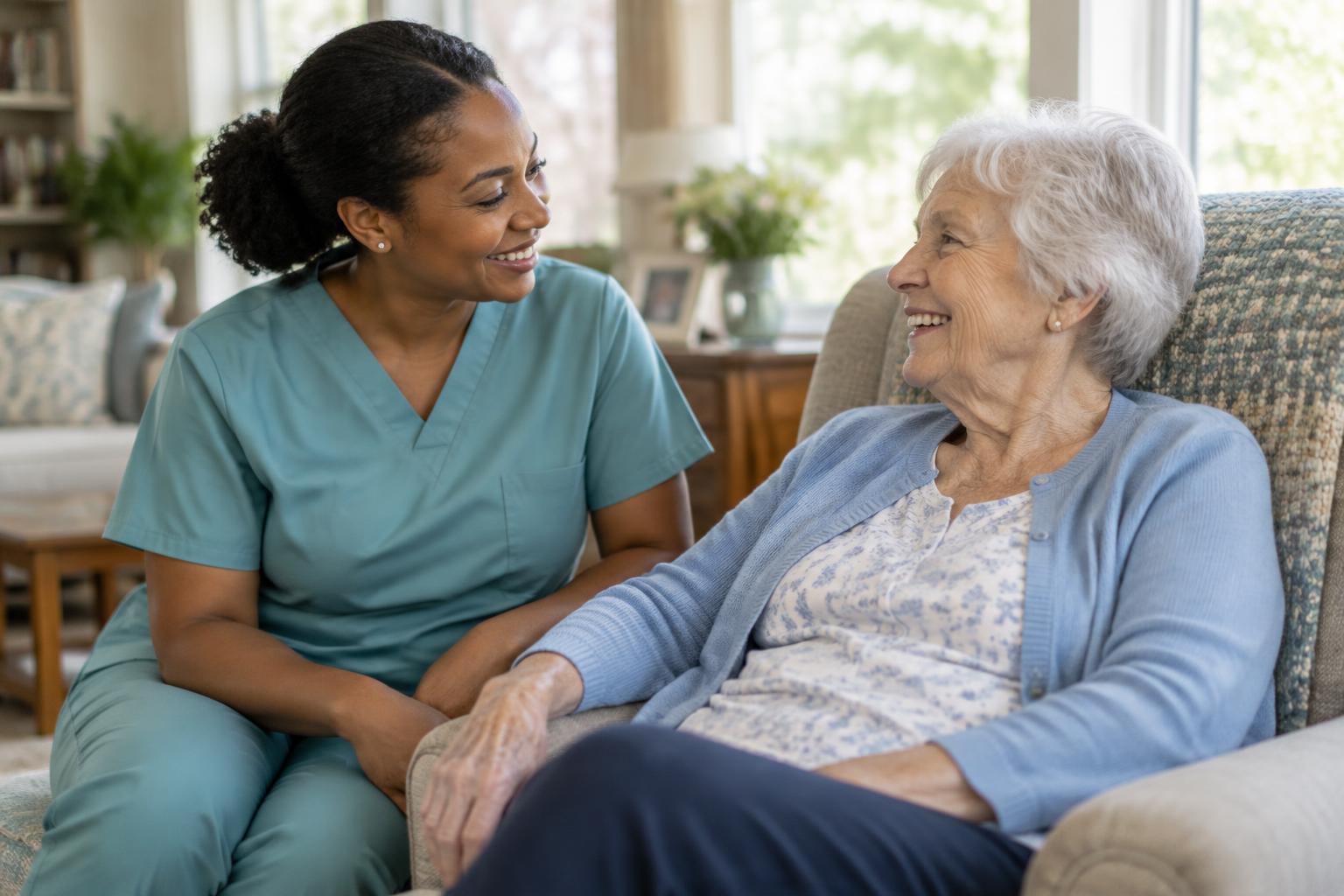 A home health aide sitting beside an older woman in her living room